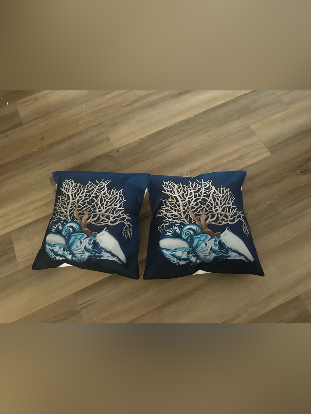 Navy Seashell & Coral Print Decorative Throw Pillow - Coastal Accent